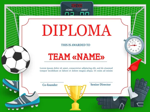 Certificaat Voor Deelname Aan Voetbaltoernooien Voetbal Club Diploma Vector Template — Stockvector