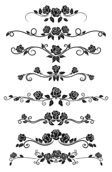黒バラの花と仕切りとフレーム境界線ベクトルデザイン バラのつるの渦 蕾と葉 ヴィンテージヴィネットと書道の要素の花の装飾と華やかなパターン — ストックベクタ