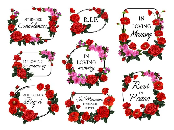 Funerary Square Frames Borders Flowers Funeral Vector Card Decorations Set — Stock Vector