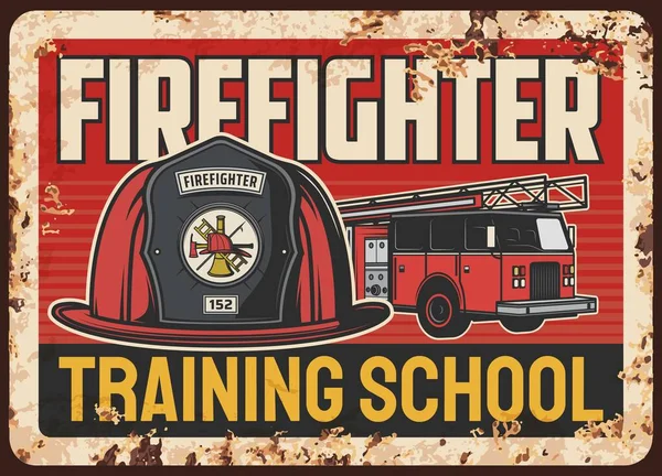 Brandweerlieden Trainen School Roestige Metalen Plaat Brandweerman Klassieke Helm Leatherhead — Stockvector