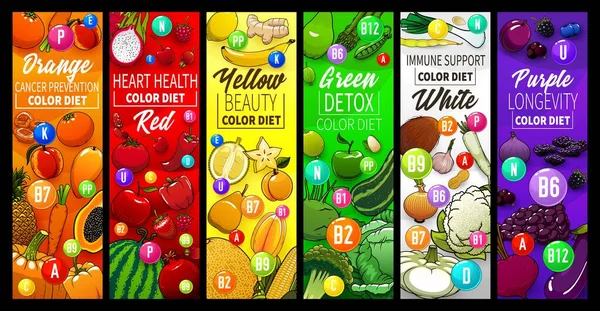 Dieta Cores Com Banners Frutas Legumes Nozes Nutrição Saudável Prevenção —  Vetores de Stock