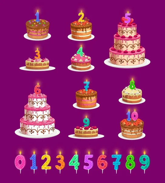 生日蛋糕上的蜡烛有年龄从1到10个孤立的病媒图标 祝你生日快乐 蛋糕和五彩缤纷的烛光与火光 周年烛光 — 图库矢量图片