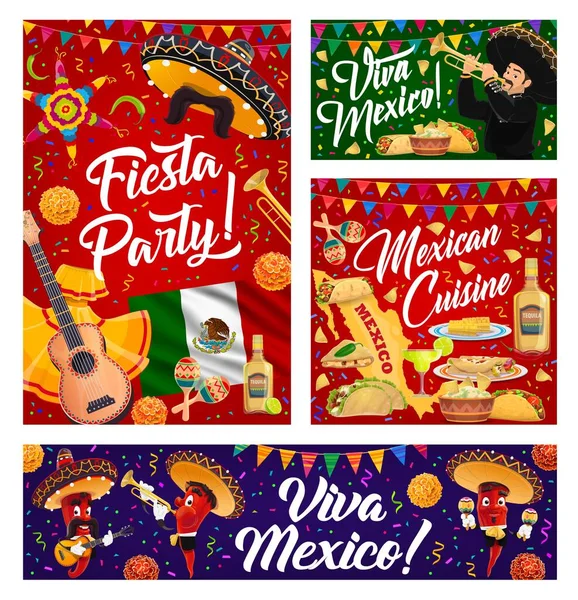 stock vector Viva Mexico vector banners with Mexican holiday sombrero, musicians and fiesta party food. Cinco de Mayo maracas, mariachi hats and guitar, pepper characters, Mexico flag and map, pinata and tequila