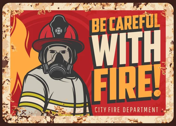 Tűzveszély Figyelmeztetés Vagy Figyelmeztetés Rozsdás Fémlemez Tűzoltó Karakter Védő Egyenruhában — Stock Vector