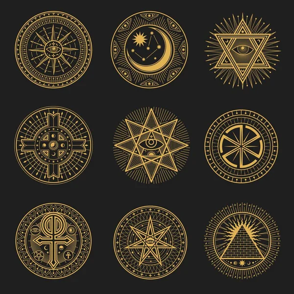 Signos Ocultistas Ocultismo Alquimia Astrología Vector Sagrada Religión Emblemas Místicos — Archivo Imágenes Vectoriales