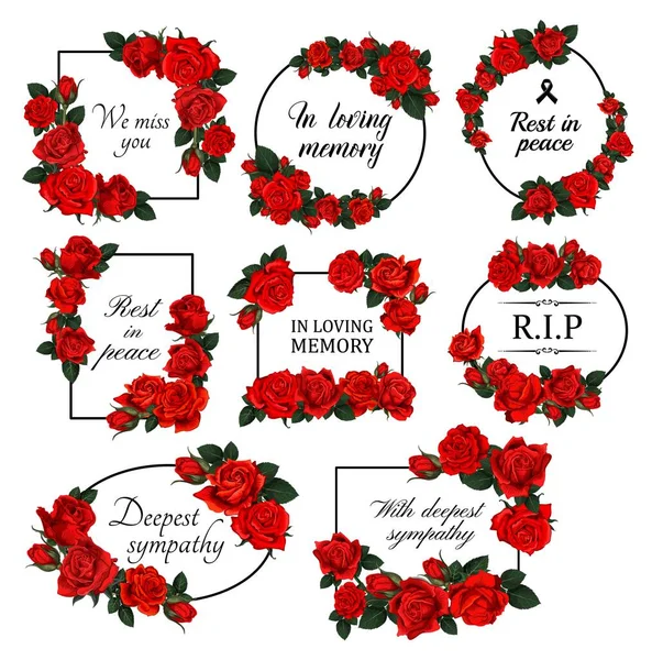 Begrafenisbloemranden Met Rode Rozen Rouwkaart Decor Met Rozen Bloemen Bladeren — Stockvector