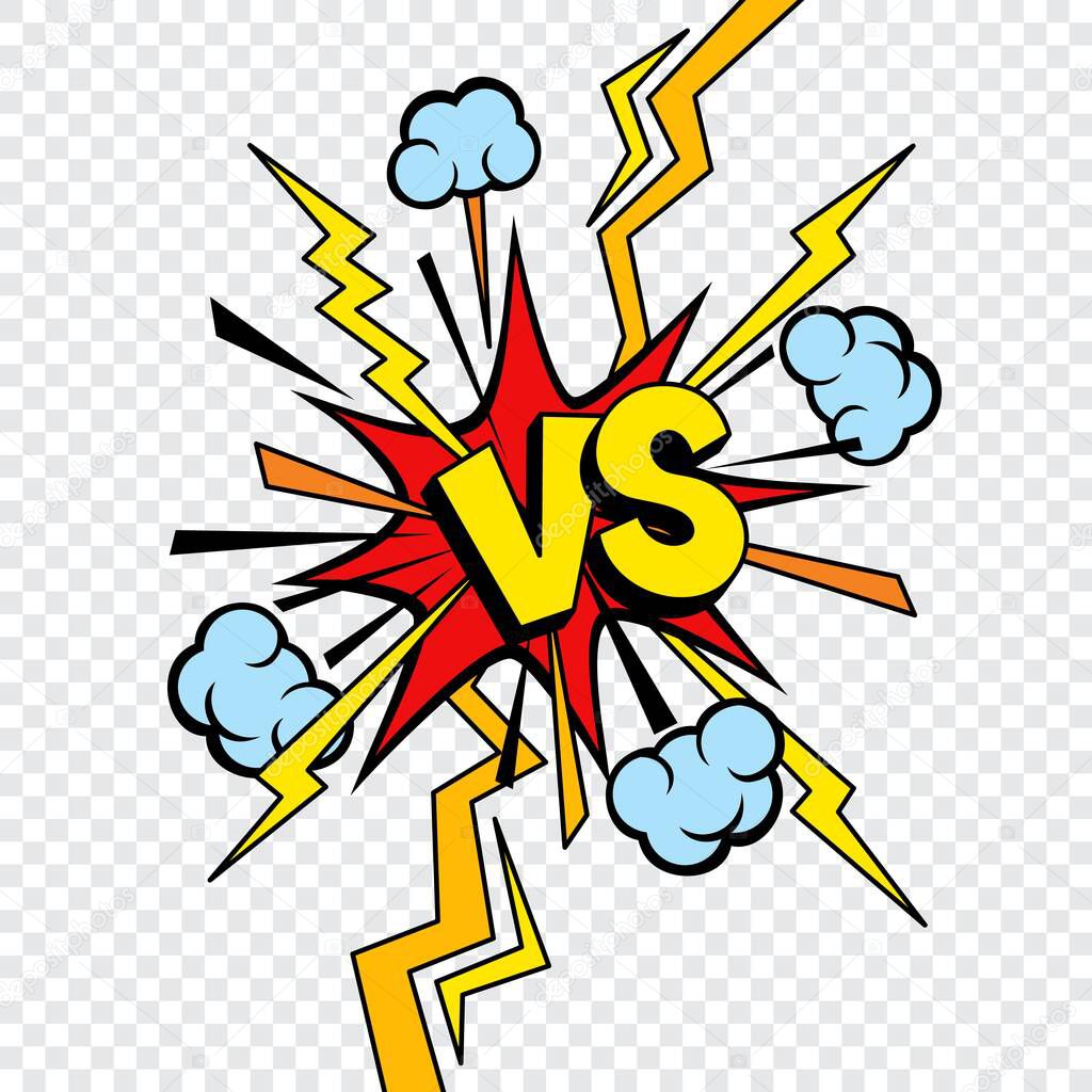 VS or Versus comic design isolated on transparent background. Vector comics book battle or fight VS letters of superhero duel or sport game competition with boom bubble of bomb explosion, burst clouds
