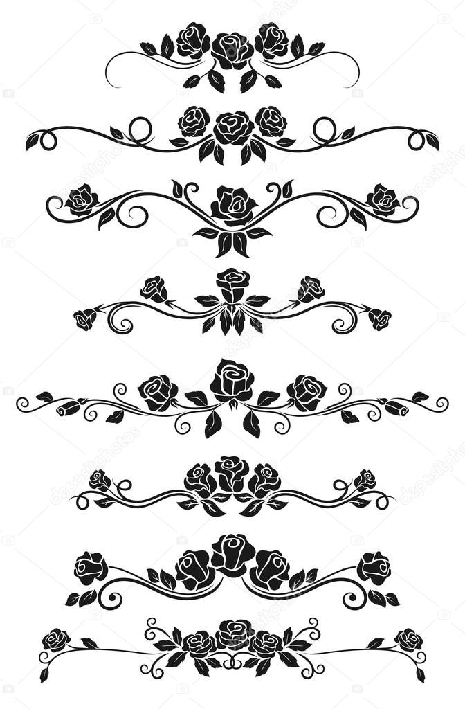 Dividers and frame border lines vector design with black rose flowers. Floral ornament and ornate pattern of rose vine swirls, blossom, buds and leaves, vintage vignette and calligraphy elements