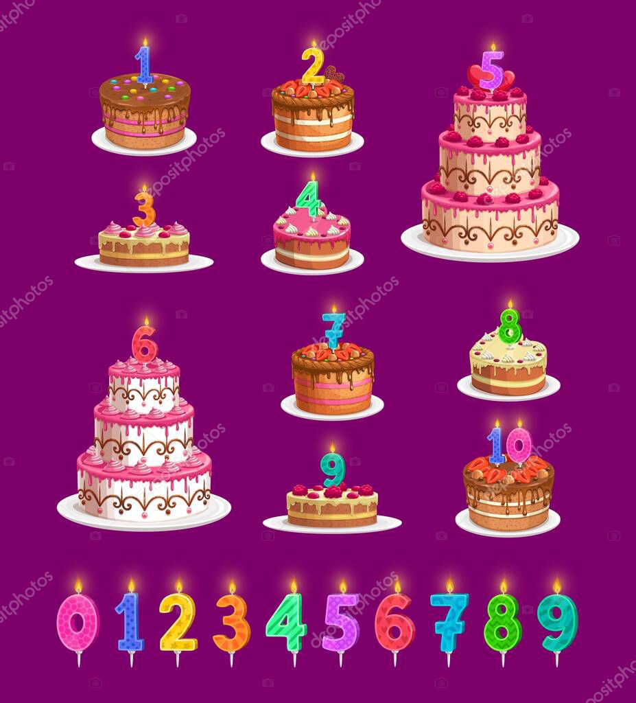 Candles on birthday cakes with age numbers from one to ten isolated vector icons. Happy birthday child party celebration. Cupcakes and colorful candle digits with fire light, anniversary candlelights