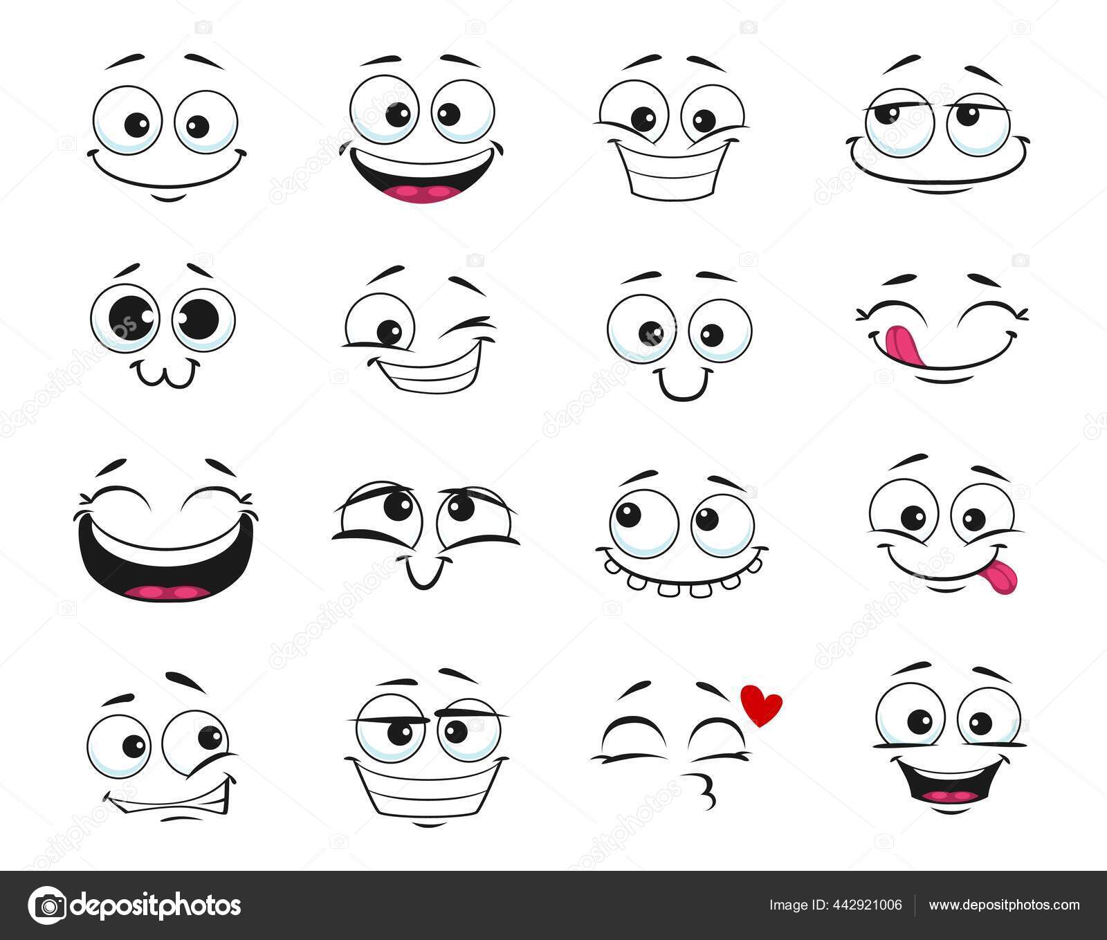 Conjunto de ícones de emoji rostos símbolos de humor emoticon fofos sorrindo  feliz, alegre, triste e com raiva