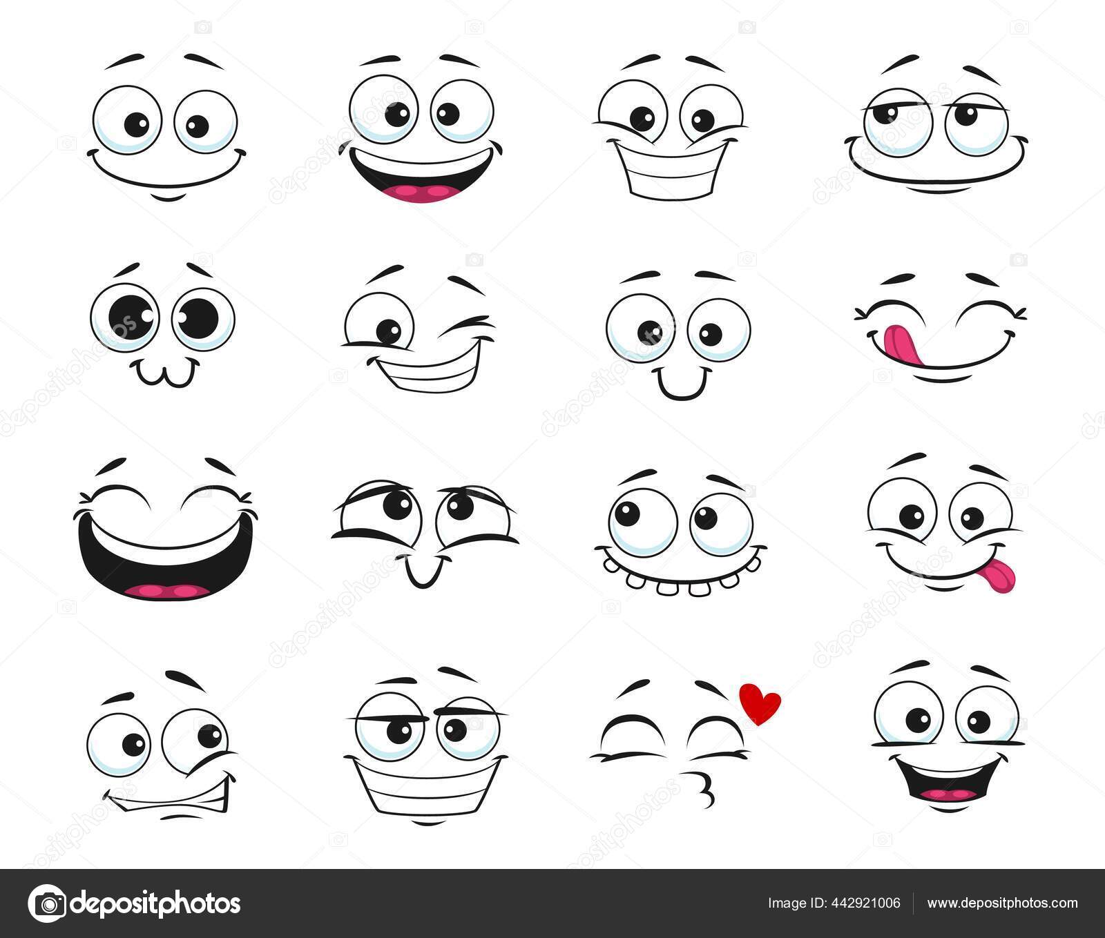 Conjunto de ícones de emoji rostos símbolos de humor emoticon fofos  sorrindo feliz, alegre, triste e com raiva