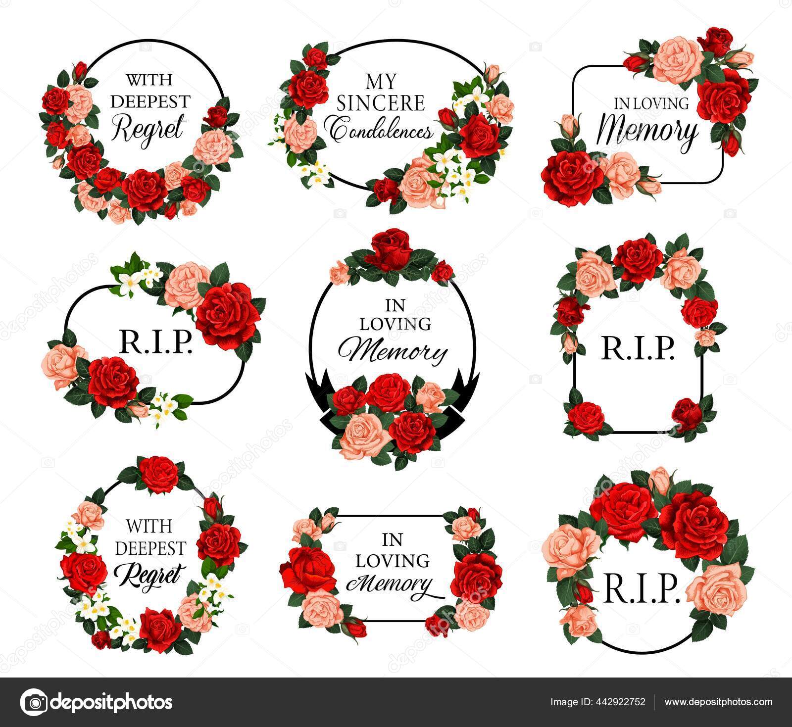 Funeral Frames Red Roses Flowers Condolences Obituary Memorial Vector