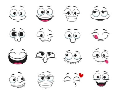 Face expression isolated vector icons, funny cartoon emoji dreaming, fall in love, laughing and smile. Facial feelings, emoticons kissing, happy and show tongue, toothy. Positive face expressions set clipart