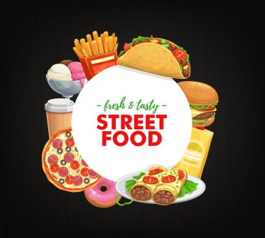 Fast food vektör burrito, çizburger ve tako, patates kızartması ve salamlı ve domatesli pizza. Dondurma, kahve ve karikatür çerçevesi ve sokak yemekleri.
