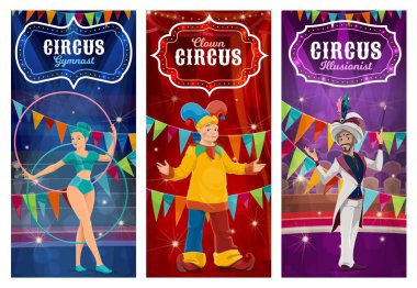 Circus performers vector banners. Big top gymnast woman, clown and illusionist cartoon characters on big top tent arena with acrobatics and magical show performance. Artists perform circus tricks clipart