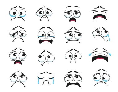 Ağlayan ve ağlayan yüz ifadeleriyle karikatür yüzleri izole edilmiş vektör simgeleri, negatif emoji korkmuş, üzgün ve üzgün. Ağlayan yüz ifadeleri, ıslak gözler, bağrışmalar ve acılar, üzüntü ifadeleri.
