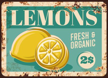 Limon meyveli metal plaka paslı, gıda çiftliği piyasa tabelaları, vektör retro posterleri. Limon, meyve, tarım gıda pazarı ve paslı fiyat tabelaları.