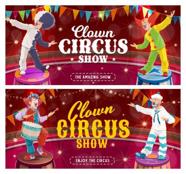 Sirk palyaçosu karikatür karikatür çizimleri sirk arenasında komik peruklu, sevimli yüzlü ve komedi kostümlü joker karakterleri. Chapiteau ve lunapark performans davetiyeleri tasarımı
