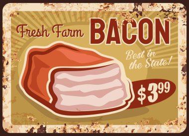Pastırma paslı metal plaka, pancetta plaka vektör vintage paslı tabela ve füme jambon. Market için gurme füme şarküteri yemek fiyatı etiketi. Domuz pastırması, domuz eti kasap, prodüksiyon, retro poster