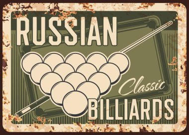 Rus bilardosu, metal plaka paslı, bilardo topu, vektör retro posteri. Klasik Rus bilardo, spor ve turnuva masası üçgen ve işaretli, bilardo salonu, paslı oyun şampiyonluğu işareti