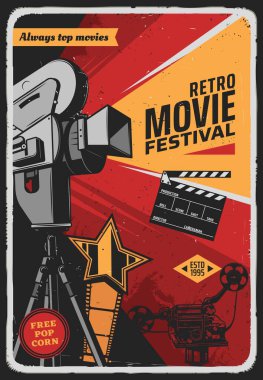 Eski model video kamerası, film makarası, ödül yıldızı ve alkışlarıyla Retro Film Festivali 'nin vektör posteri. Film stüdyosu, sinema partisi ya da sinematografi eğlence endüstrisi eski kameralı grunge kartı