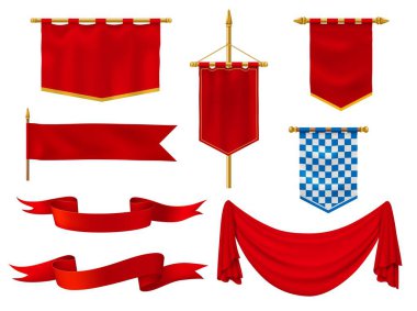 Medieval flags and banners, royal vector fabric of red and chequered blue and white colors. Vintage style ribbons, knight standards with golden fringe, antique military gonfalon on poles isolated set clipart