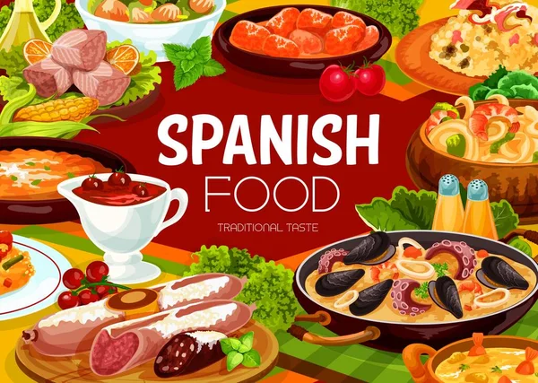 Menu Gastronomique Espagnol Paella Tapas Fruits Mer Restaurant Vecteur Repas — Image vectorielle
