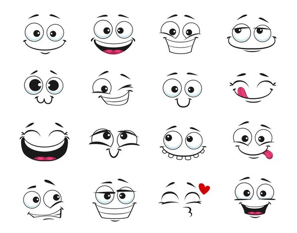 Face expression isolated vector icons, funny cartoon emoji dreaming, fall in love, laughing and smile. Facial feelings, emoticons kissing, happy and show tongue, toothy. Positive face expressions set