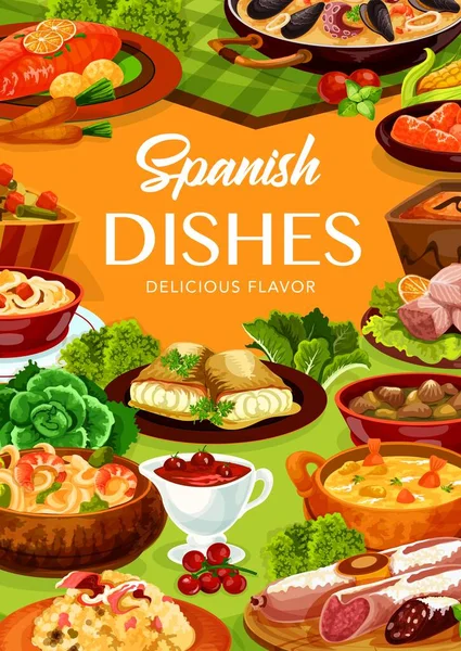 Spanish Food Cuisine Menu Tapas Paella Dish Seafood Fish Vector — Stock Vector