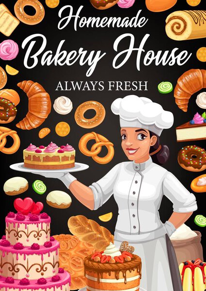 Bakery house vector poster. Confectioner in patisserie presenting homemade desserts, cakes and bakery. Confectionery, baker shop with home made baking pastry. Bake fresh sweet donuts, bread and rolls