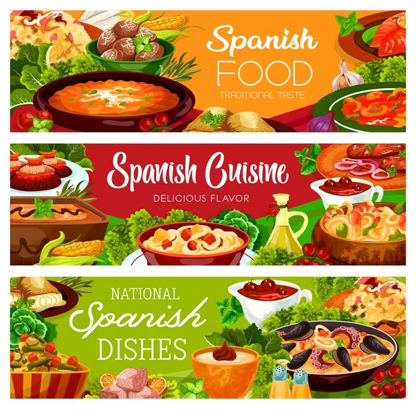 Bannières Culinaires Espagnoles Menu Gastronomique Paella Tapas Vecteur Plats Repas — Image vectorielle