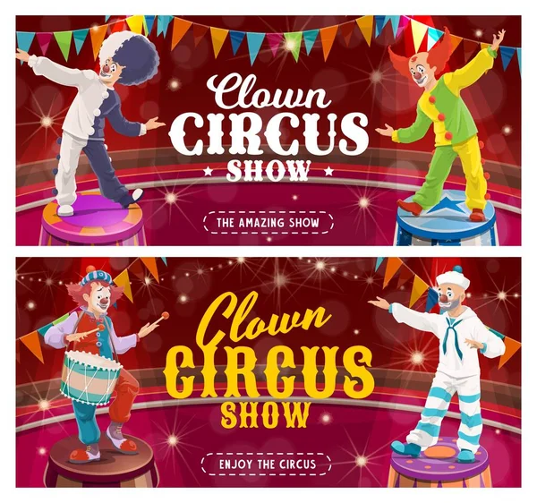Circo Clown Cartoni Animati Vettoriali Striscioni Personaggi Jolly Spettacolo Carnevale — Vettoriale Stock