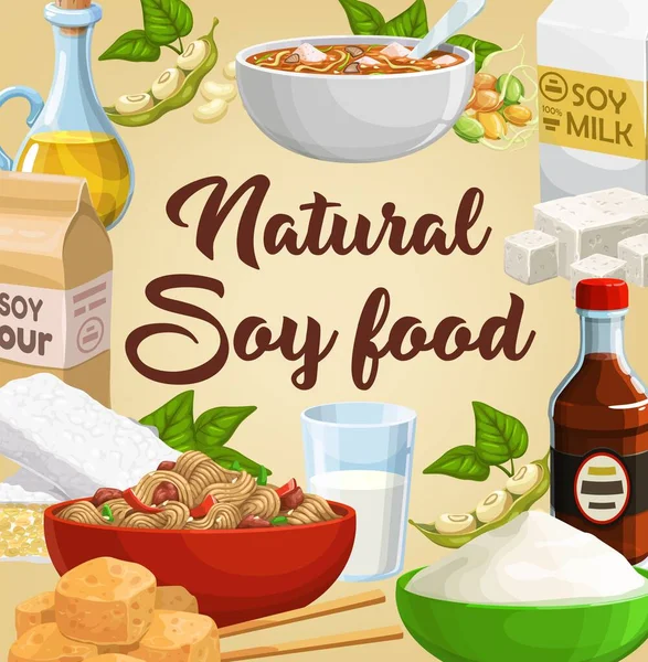 Comida Soja Produtos Soja Tofu Soja Leite Cartaz Vetorial Feijão —  Vetores de Stock