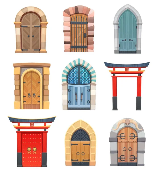 Puertas Dibujos Animados Puertas Vector Madera Piedra Medieval Asiática Europea — Vector de stock