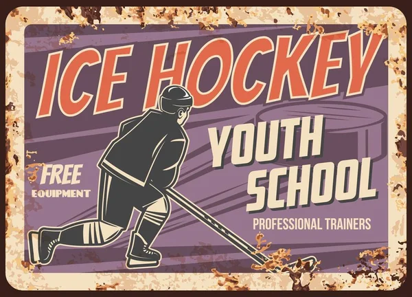Buz Hokeyi Gençlik Okulu Paslı Metal Plaka Buz Hokeyi Okulu — Stok Vektör