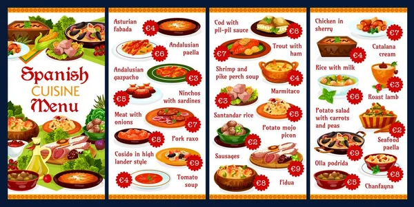 Spanische Küche Speisekarte Und Tapas Vektorpaella Mit Fisch Und Fleisch — Stockvektor