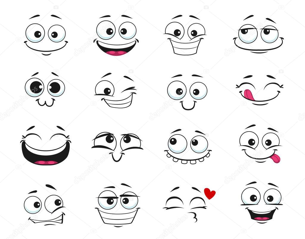 Face expression isolated vector icons, funny cartoon emoji dreaming, fall in love, laughing and smile. Facial feelings, emoticons kissing, happy and show tongue, toothy. Positive face expressions set