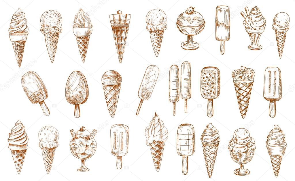 Ice cream sketch icons, isolated vector frozen creamy desserts, gelato icecream, wafer cone. Caramel eskimo or chocolate glaze sundae with nuts, whipped cream, fruit ice, vanilla scoops in glass bowl