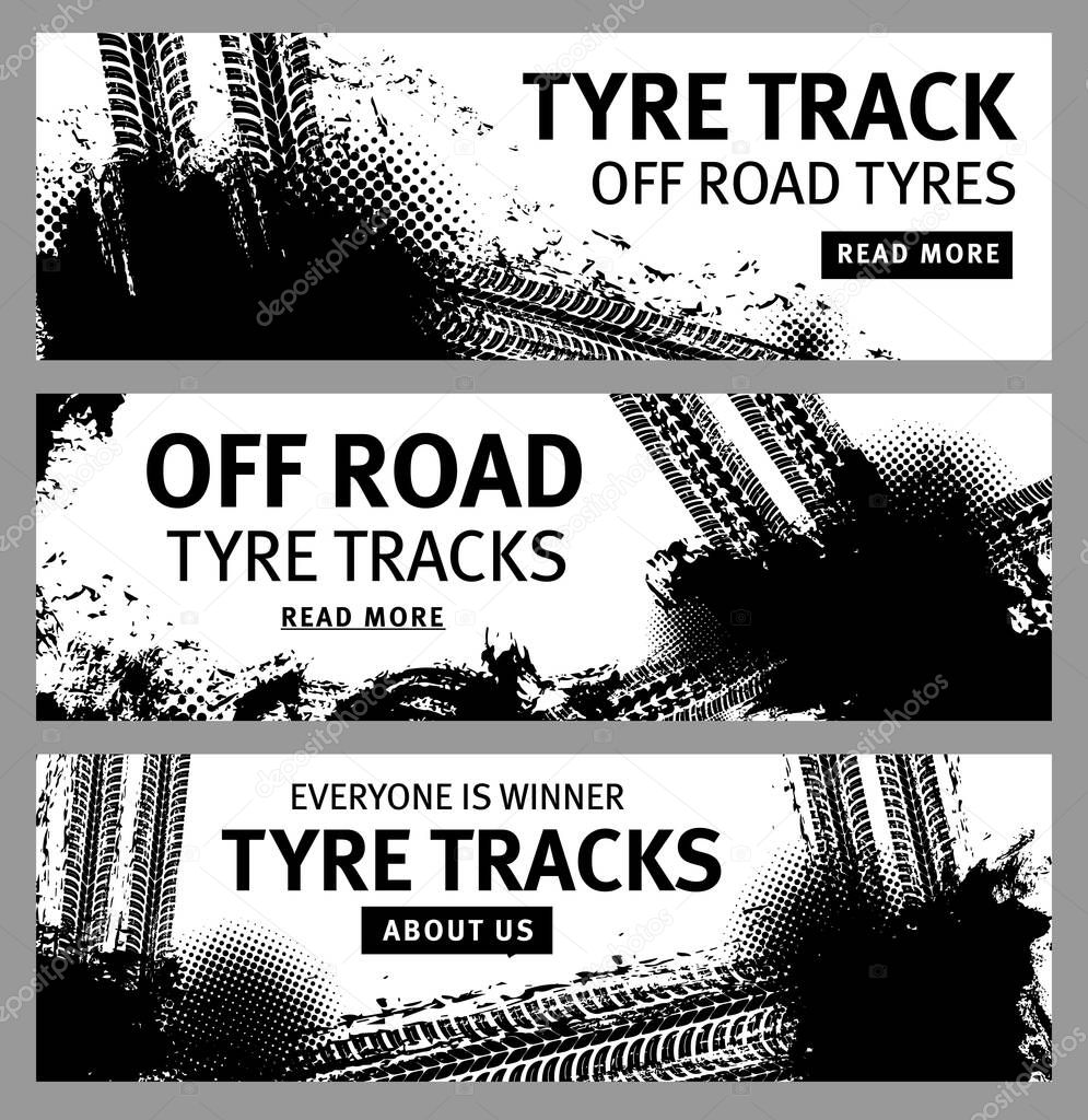 Tire tracks, off road car truck tyres and traces banners, vector web site templates. Auto center and tire shop service or vehicle parts web banners with car tire grunge traces and wheel tread imprints
