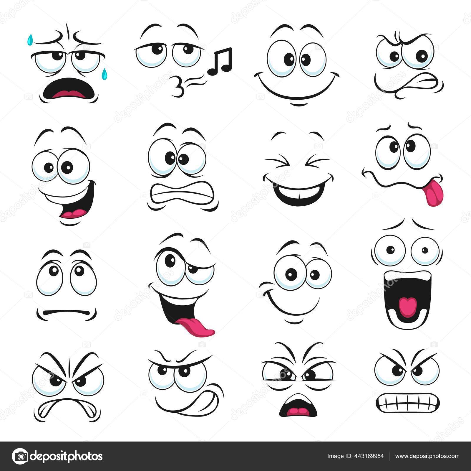 Conjunto de ícones de emoji rostos símbolos de humor emoticon fofos  sorrindo feliz, alegre, triste e com raiva