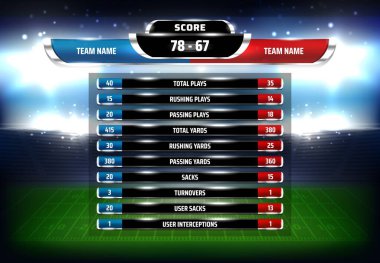 Futbol maçı skoru, vektör skorlu futbol turnuvası takımı yeşil sahada ve stadyumda. Toplam, aceleye getirme, oyun ve yardaları geçme, çuvallar ve top kaybı, kullanıcı etkileşimleri