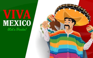 Meksikalı müzisyen sombrero ve marakas, vektör Viva Mexico tebrik kartı. Meksika Fiesta Partisi, Meksika bayrağının arka planında şenlik şapkası, bıyığı ve pançosu olan Mariachi çizgi film karakteri.