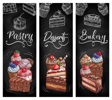 Pastane tatlıları karatahta çizim afişleri. Kek, cheesecake ve meyveli kek, çikolatalı pasta ve waffle çubukları.