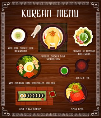 Kore mutfağı vektör menüsünde tavuk ve mantarlı pirinç, ginseng çorbası samguetang, meyveli buzlu tatlı. Sebzeli ve yumurtalı pirinç bibibimbap, kiraz çayı ve baharatlı yengeç, Kore yemeği.