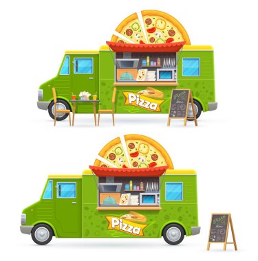 Pizza kamyonu izole edilmiş vektör vagon, sokak abur cubur satışı için çizgi film yeşil minibüs. Tekerlekli kafe veya restoran, fast food karatahta menüsü olan ulaşım, yemek pişirme yemekleri ve sofra takımı için fırın