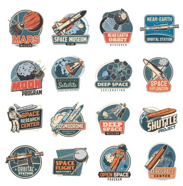Uzay vektörü retro ikonlar Mars misyonu, uzay müzesi ve Dünya yörünge istasyonu, ay programı, yapay uydu ve derin uzay keşfi. Araştırma merkezi, kozmodrom ve mekik projesi ayarlandı
