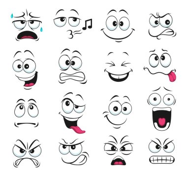 Yüz ifadesi izole edilmiş vektör simgeleri, komik çizgi film emoji ıslığı, bağırma ve terleme, gıcırdayan diş, kızgın, gülen ve üzgün. Yüz ifadeleri, yüz ifadeleri üzgün, mutlu ve güzel yüzler göster.