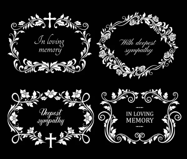 Funeral Flowers Wreath Condolence Death Floral Frames Vector Rip Ribbons — Stock Vector