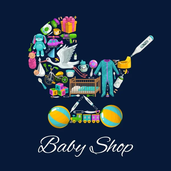 婴儿商店玩具 新生儿服装和护理产品 带婴儿车的病媒海报 男婴和女婴玩具商店礼物 球和床 沐浴鸭 奶瓶和奶嘴 — 图库矢量图片