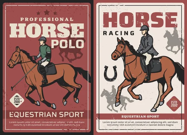 Hästkapplöpning Och Polo Sport Retro Affischer Polo Spelare Med Klubba — Stock vektor